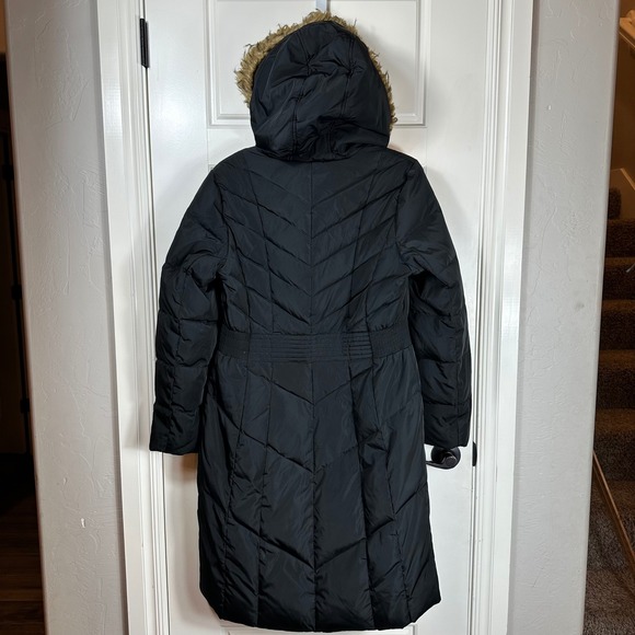 Cole Haan Signature Black Chevron Quilted Faux Fur Hood Puffer Coat M - Picture 11 of 12